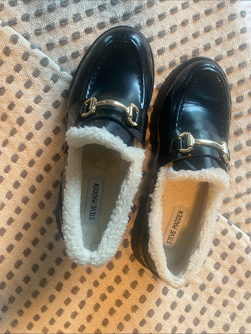 Steve Madden Black Patent Loafers with Cream Faux-Shearling Trim